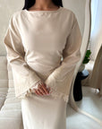 Elara Beige Plain Lace Sleeve Detail Modest Dress