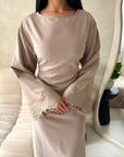 Elara Mocha Plain Lace Sleeve Detail Modest Dress