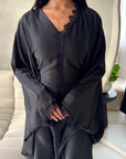 Sala Black Lace Detail V Neck Modest Kaftan Dress