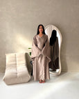 Sala Mocha Lace Detail V Neck Modest Kaftan Dress