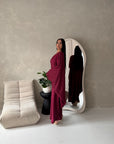 Sala Wine Lace Detail V Neck Modest Kaftan Dress
