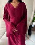 Sala Wine Lace Detail V Neck Modest Kaftan Dress