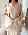 Sala Beige Lace Detail V Neck Modest Kaftan Dress