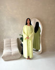 Amara Pistachio Green Lace Detail Two Peice Co Ord Abaya Set