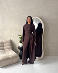 Essa Brown Mandarin Collar Long Dress Trouser Co Ord Set