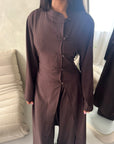 Essa Brown Mandarin Collar Long Dress Trouser Co Ord Set