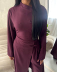 Essa Wine Mandarin Collar Long Dress Trouser Co Ord Set