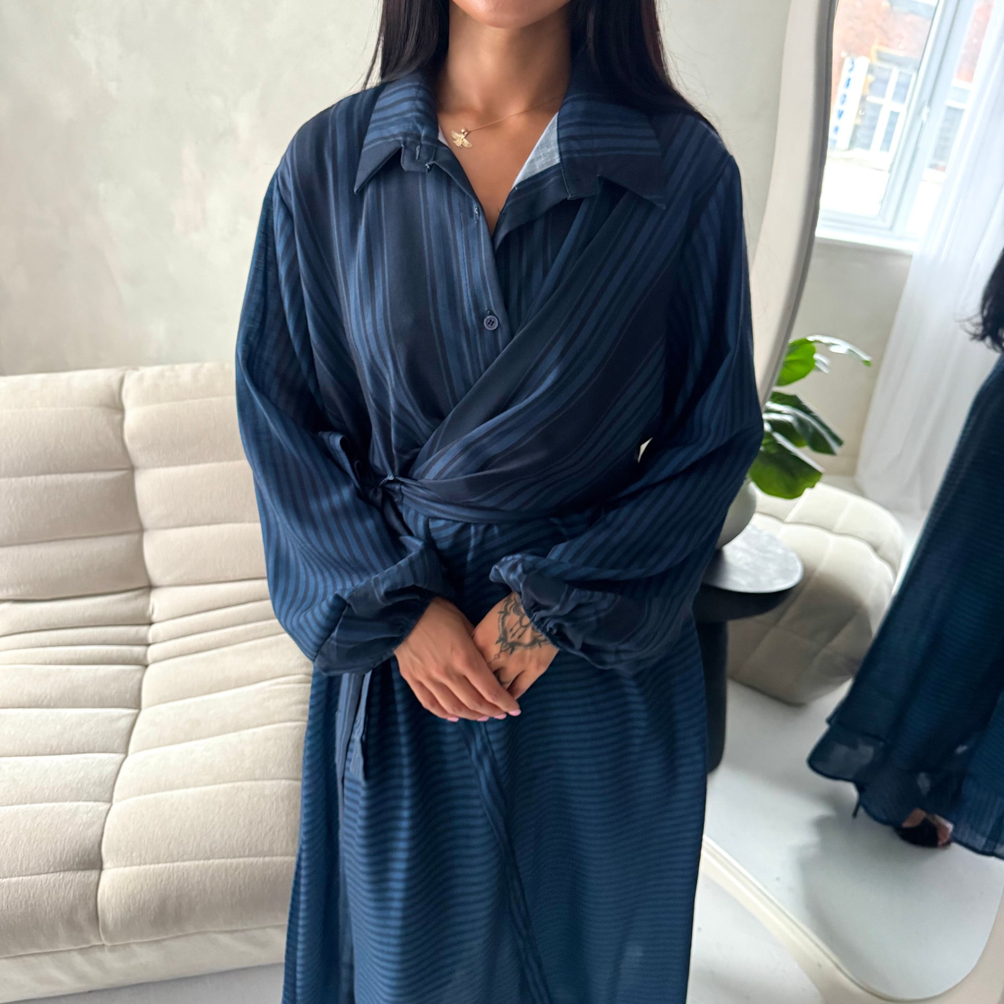 Mara Navy Stripe Balloon Sleeve Wrap Dress