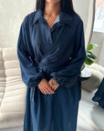 Mara Navy Stripe Balloon Sleeve Wrap Dress