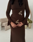 Serenity Brown Gold Buckle Detail Modest Dress