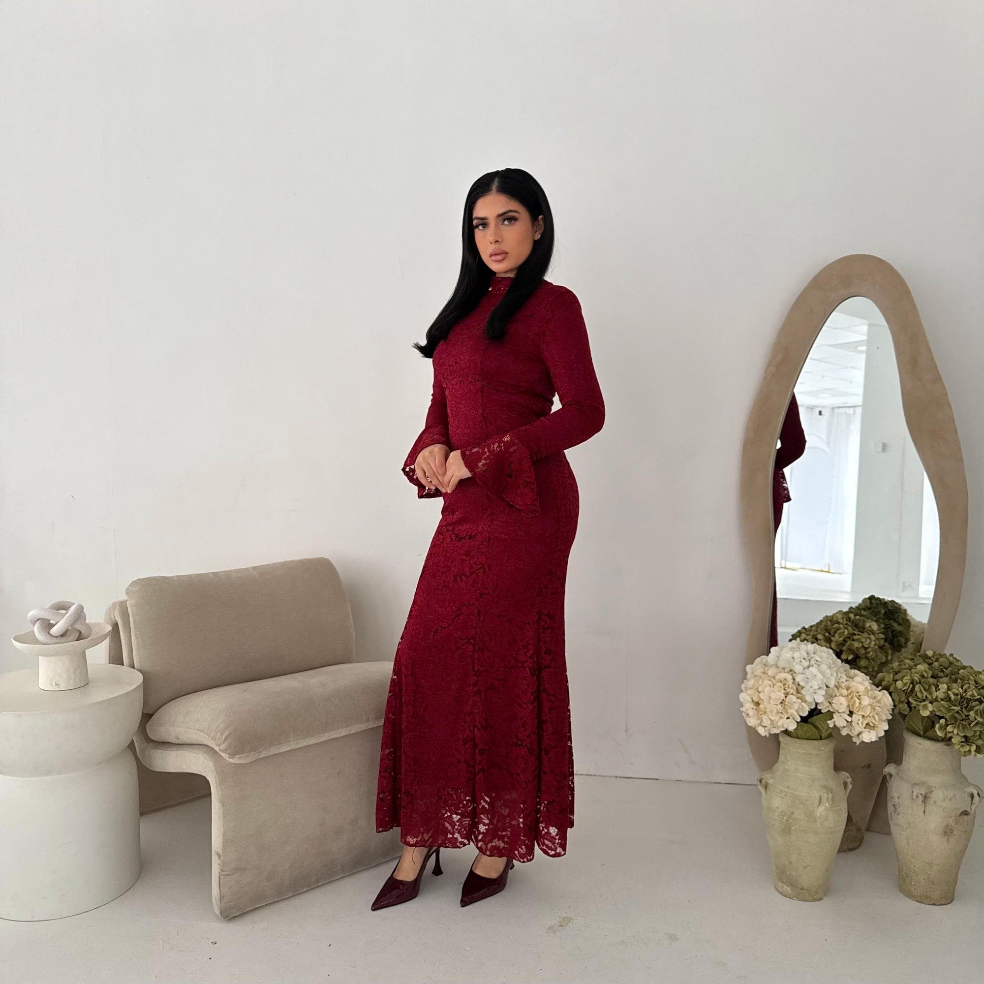 wine lace dress Wine Red Lace Dress - Midi Trumpet Dress - Lace Bustier Dress
