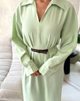 Areezo Mint Pleated Belted Buckle V Neck Collar Dress