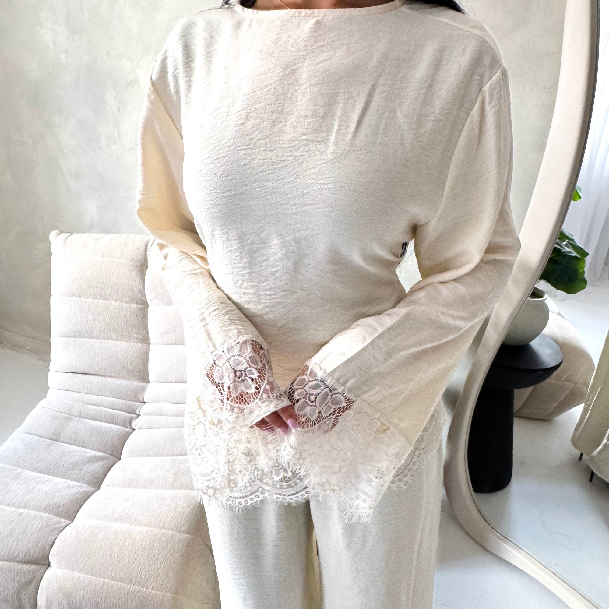 Minal Cream Linen Lace Detail Top &amp; Trouser Co Ord