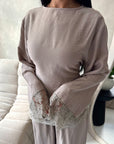 Minal Mocha Linen Lace Detail Top & Trouser Co Ord