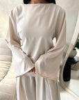 Nasra Beige Plain Tie Back Top Trouser Co Ord Set