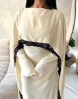 Fia Cream With Black Lace Trim Detail Modest Tie Back Dress
