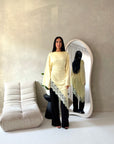 Beyi Yellow Lace Assymetrical Satin Midi Dress