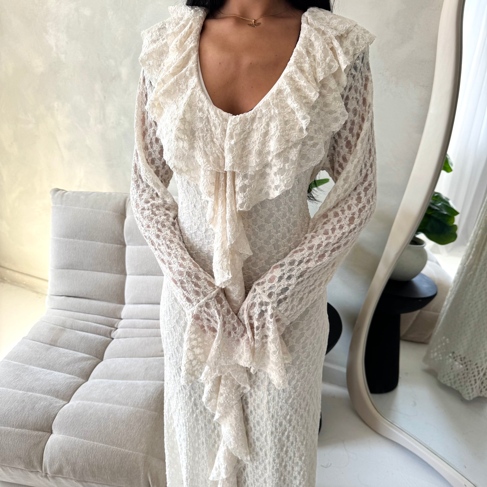 Tara Cream Lace Ruffle Frill Detail Summer Dress