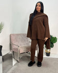 Mia Chocolate Cardigan Knitted Co ord Set With Attached Scarf