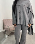 Mia Grey Cardigan Knitted Co ord Set With Attached Scarf