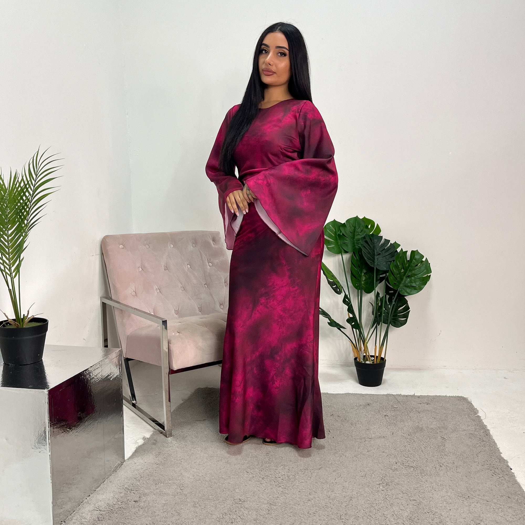 Erum Wine Tie Dye Flared Sleeve Dress House Of Haniya Erum Wine Tie Dye Flared Sleeve Dress House Of Haniya
