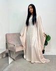 Rabia Beige Metallic Elasticated Batwing Kaftan Dress