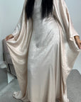 Rabia Beige Metallic Elasticated Batwing Kaftan Dress