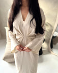 Disha Cream Summer Linen V-Neck Tie Dress
