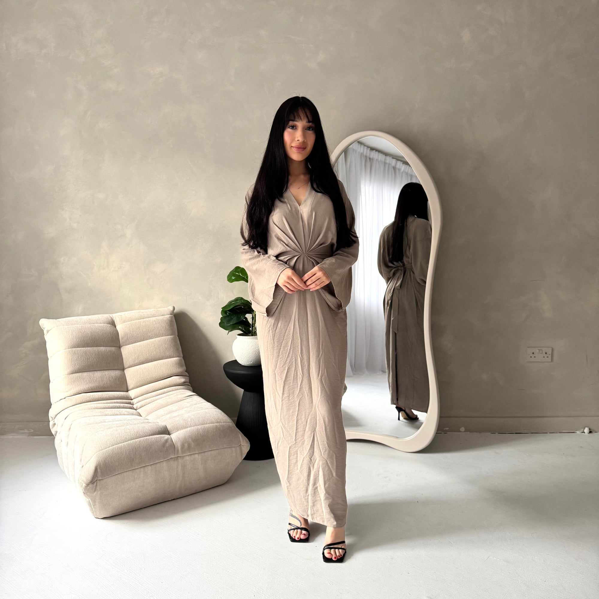 Disha Mocha Summer Linen V-Neck Tie Dress