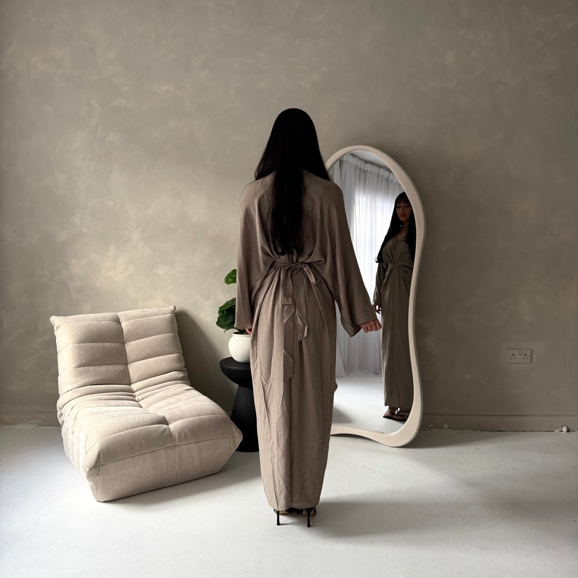 Disha Mocha Summer Linen V-Neck Tie Dress