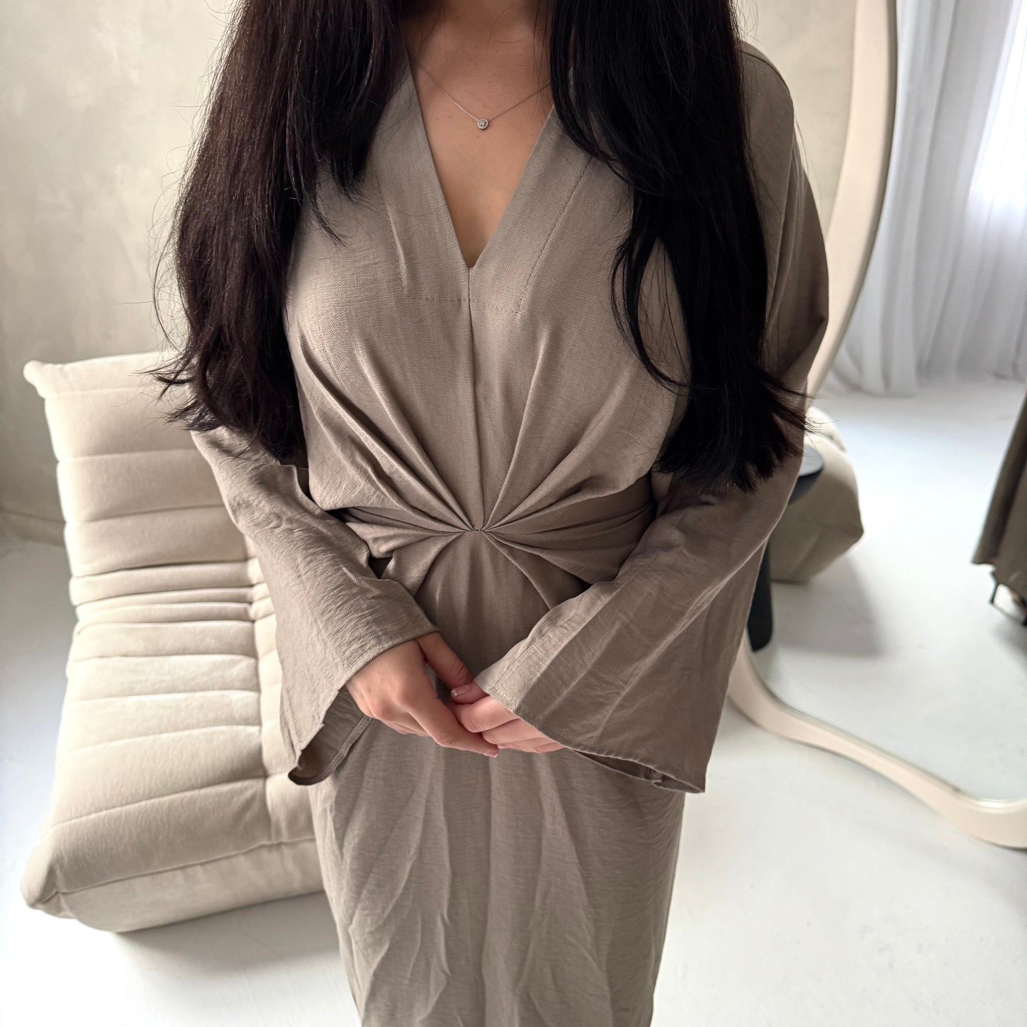 Disha Mocha Summer Linen V-Neck Tie Dress