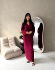 Disha Wine Summer Linen V-Neck Tie Dress