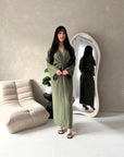 Disha Khaki Summer Linen V-Neck Tie Dress