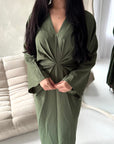Disha Khaki Summer Linen V-Neck Tie Dress