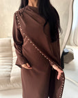 Ciya Brown Satin Side Drape Pearl Detail Dress