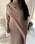 Ciya Mocha Satin Side Drape Pearl Detail Dress