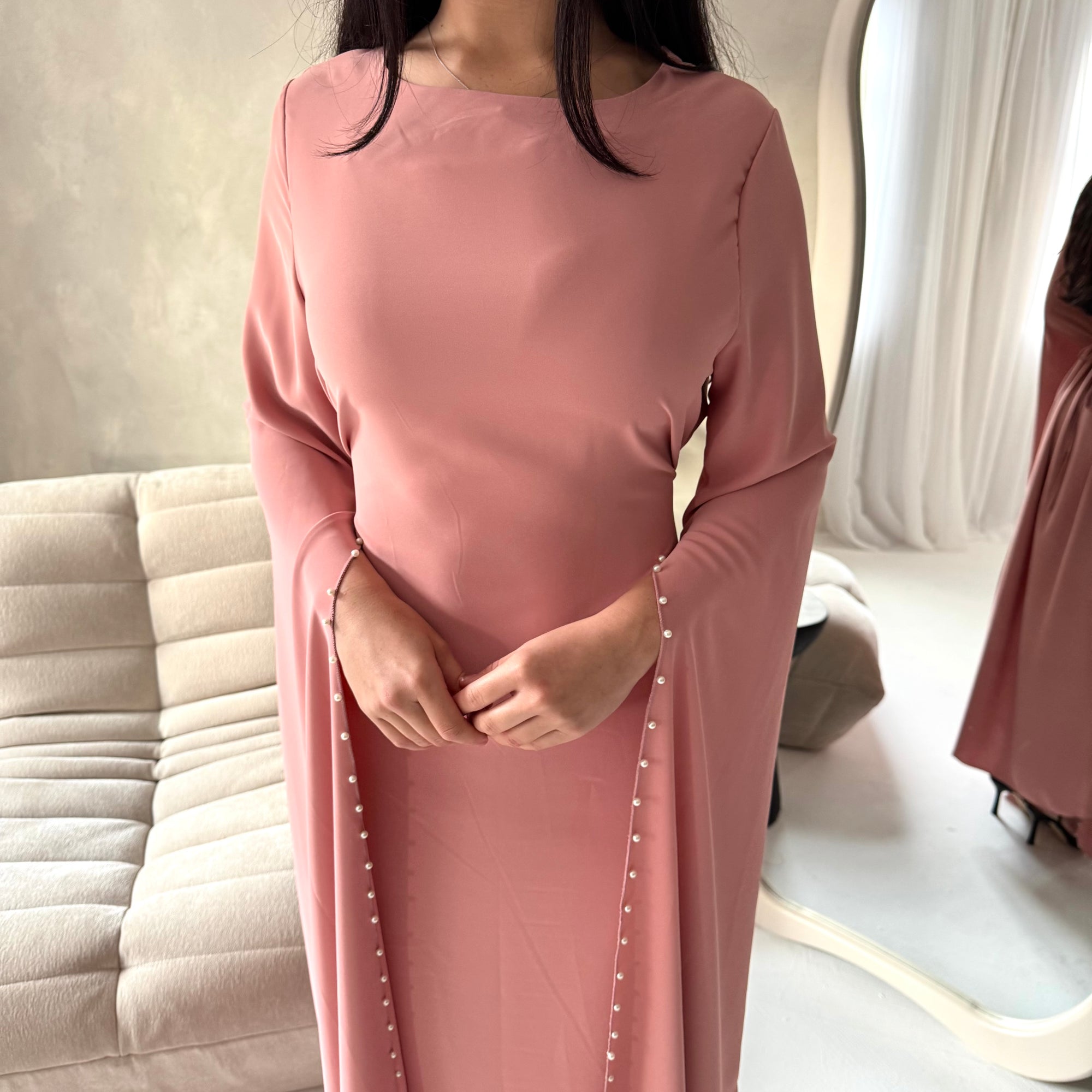 long sleeve tie back dress Sisi Pink Pearl Detail Cape Sleeve Tie Back Dress – House Of Haniya