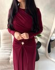 Alayna Wine Soft Gold Buckle Modest Dress