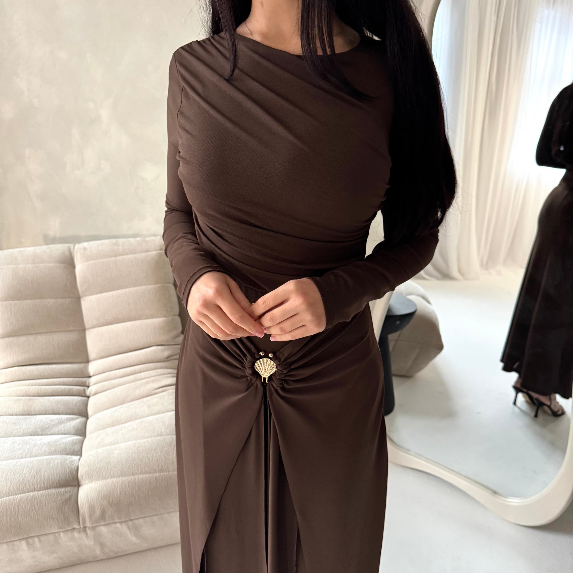 Alayna Chocolate Soft Gold Buckle Modest Dress – House Of Haniya