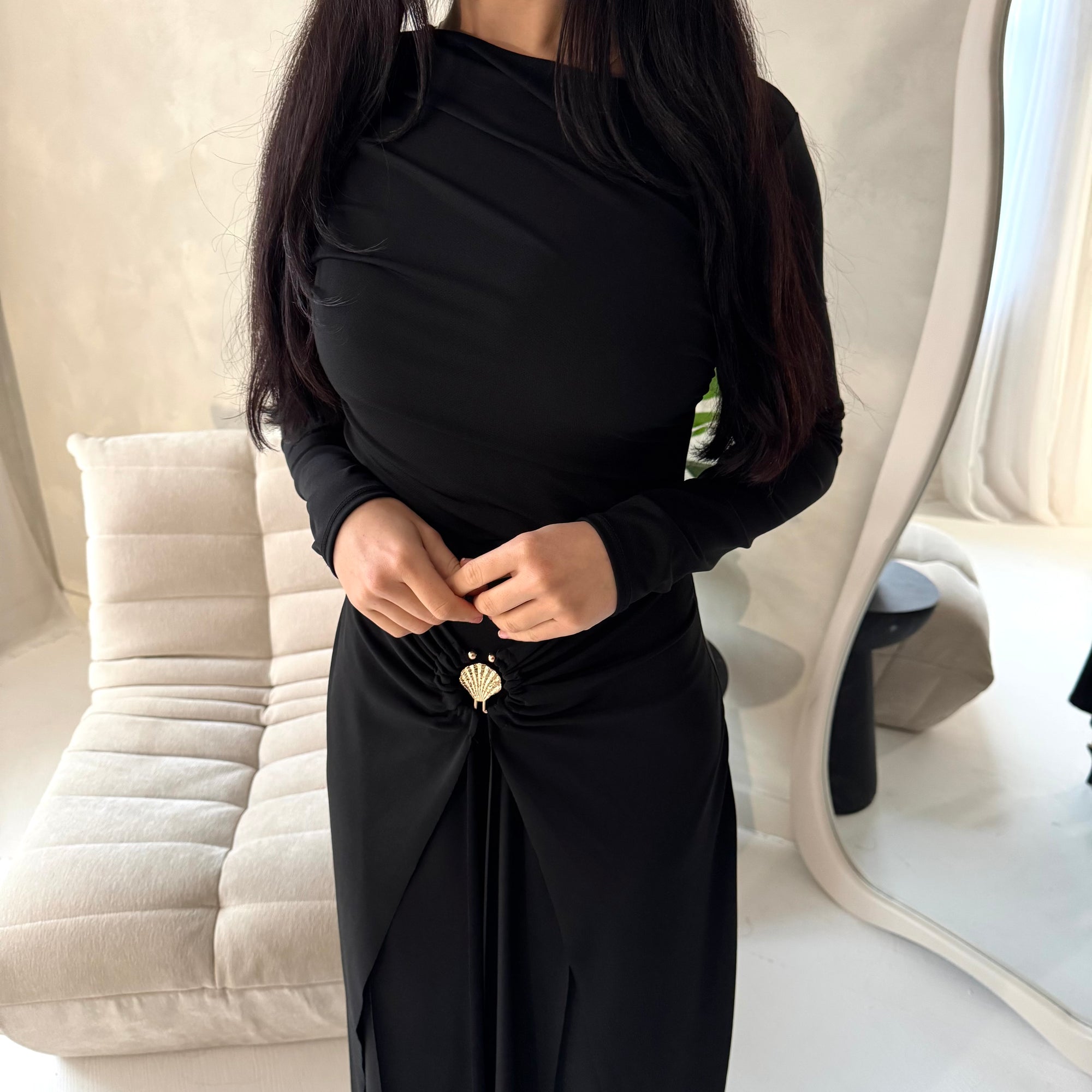 Alayna Black Soft Gold Buckle Modest Dress – House Of Haniya Alayna Black Soft Gold Buckle Modest Dress – House Of Haniya