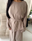 Bahi Mocha Belted Plain Modest Skirt Co Ord Set