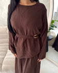 Bahi Brown Belted Plain Modest Skirt Co Ord Set