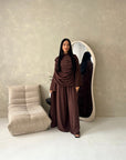 Maliha Brown Plain Drape Cape Top Trouser Co Ord Set