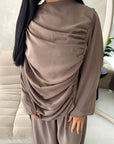 Maliha Mocha Plain Drape Cape Top Trouser Co Ord Set