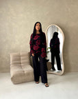 Ayra Black With Red Floral Embroidery Asymmetrical Top