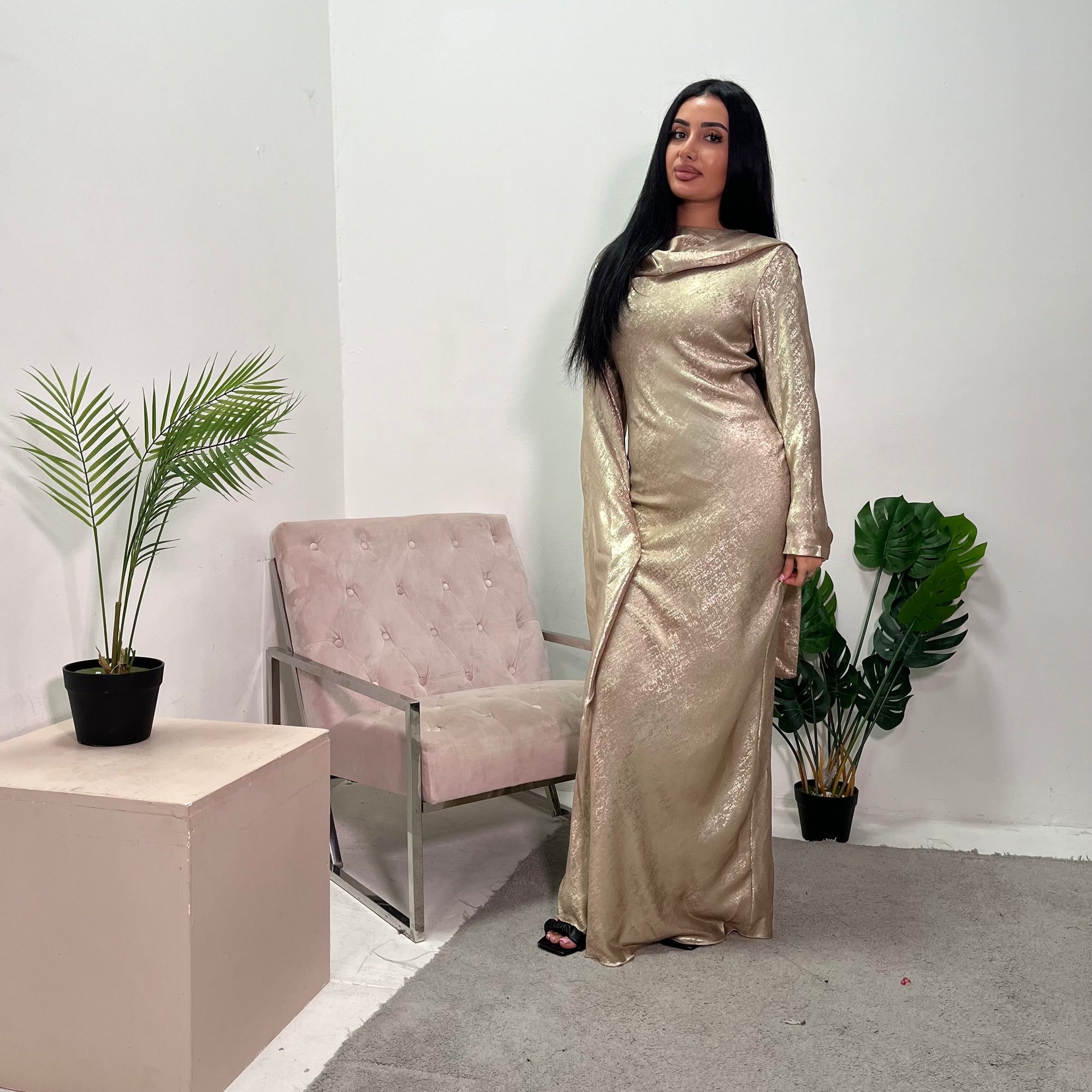 Nila Gold Metallic Flare Sleeve Dress House Of Haniya Nila Gold Metallic Flare Sleeve Dress House Of Haniya