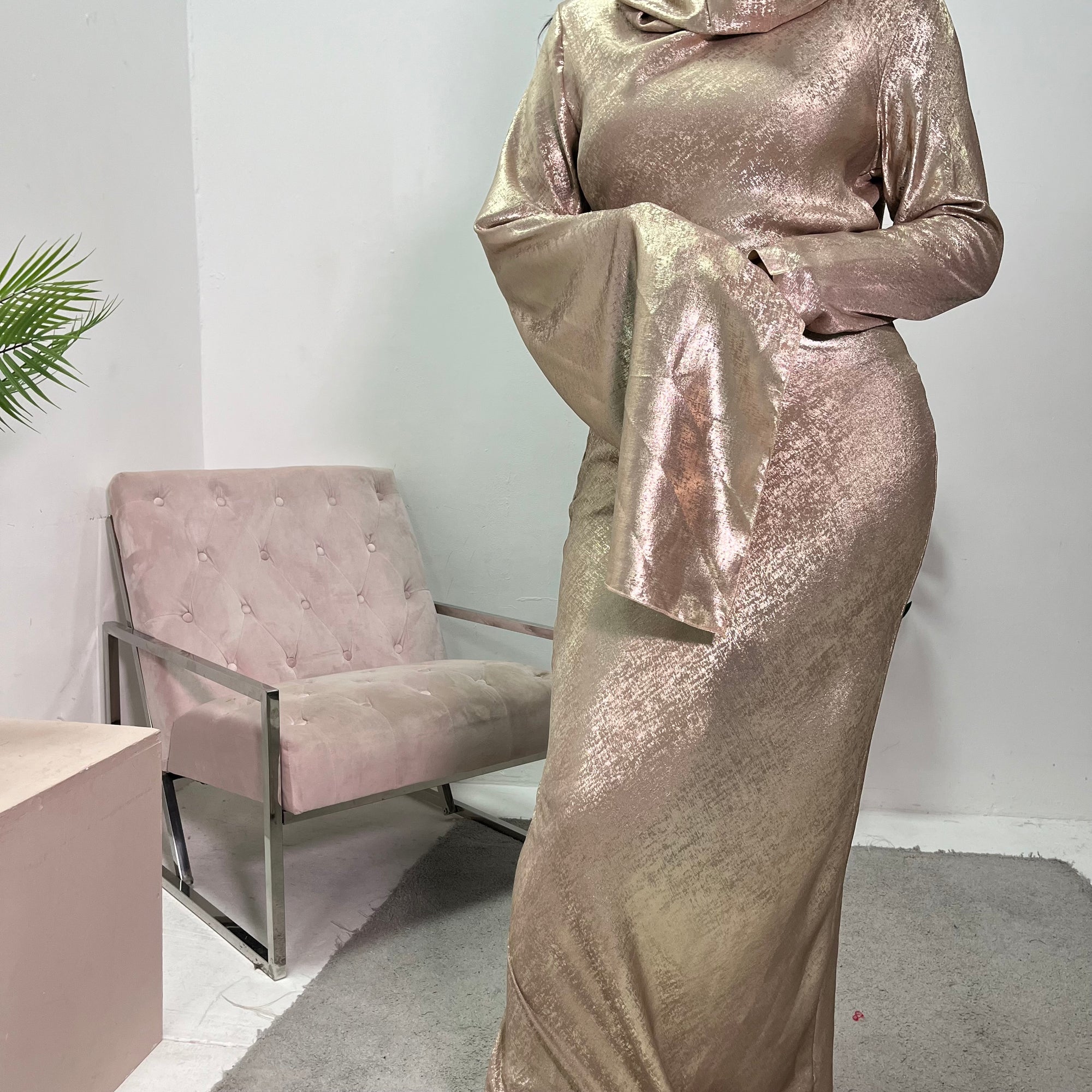 Nila Gold Metallic Flare Sleeve Dress House Of Haniya Nila Gold Metallic Flare Sleeve Dress House Of Haniya