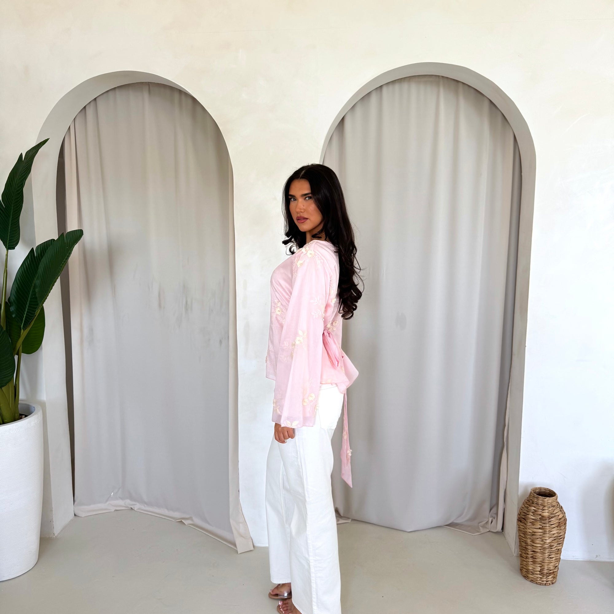 Diya Pink Floral Embroidery Tie Back Top