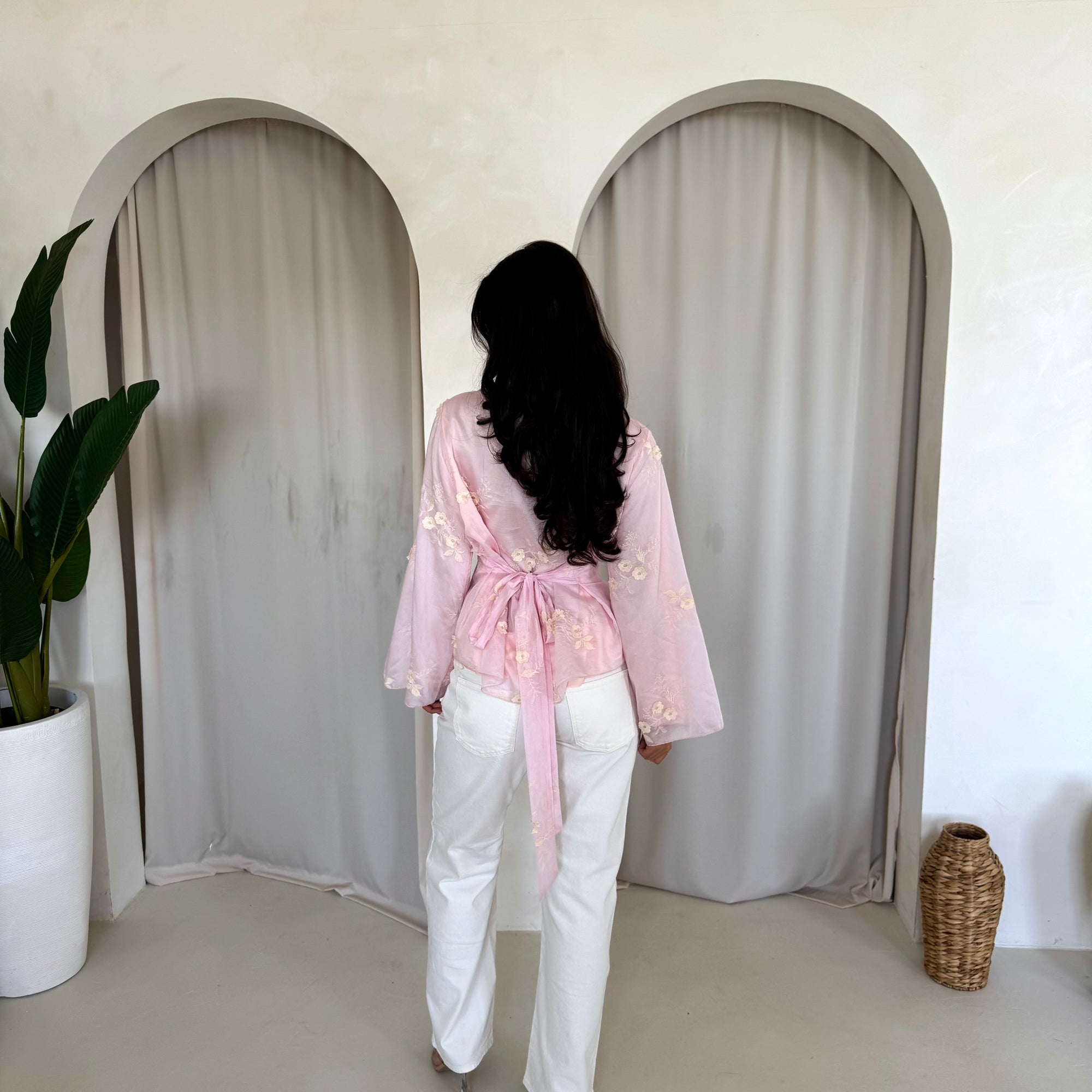 Diya Pink Floral Embroidery Tie Back Top