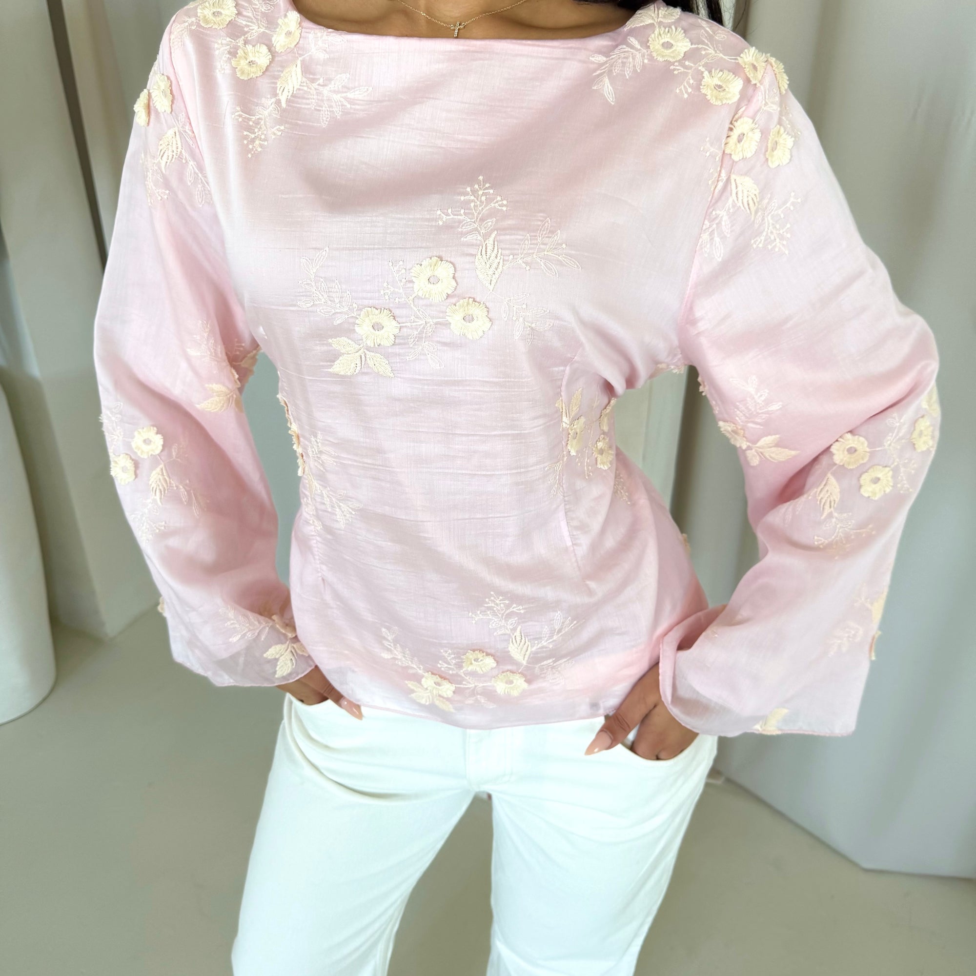 Diya Pink Floral Embroidery Tie Back Top